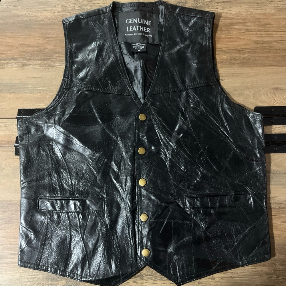 Mens Genuine Leather Black Vest Navarre Leather Company Button Snap Size M